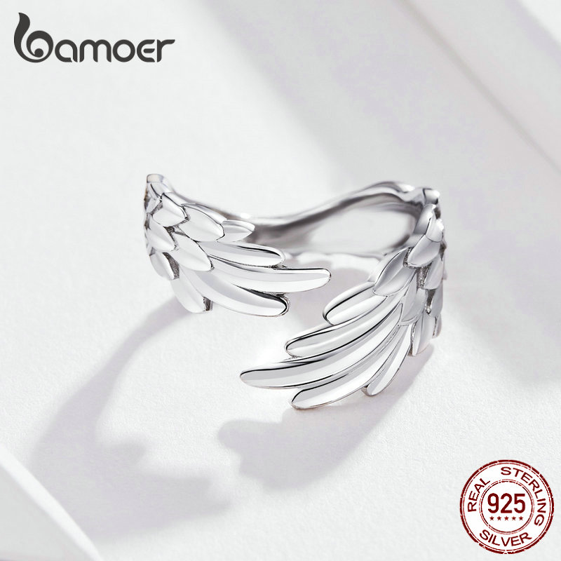 BAMOER Guardian Wings Ring Authentic 925 Sterling Silver Free Size Adjustable Finger Rings for Women Fashion Jewelry SCR512-2