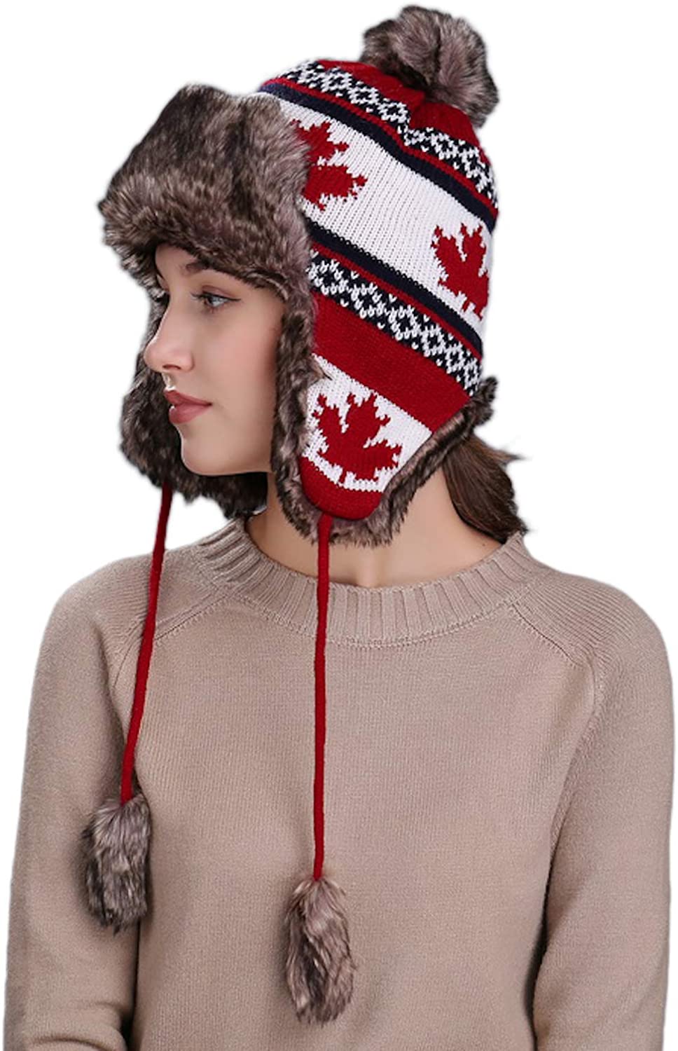 Home Prefer Womens Girls Earflap Hat Faux Fur Knit Hat Warm Snow Ski Trapper Hat 
