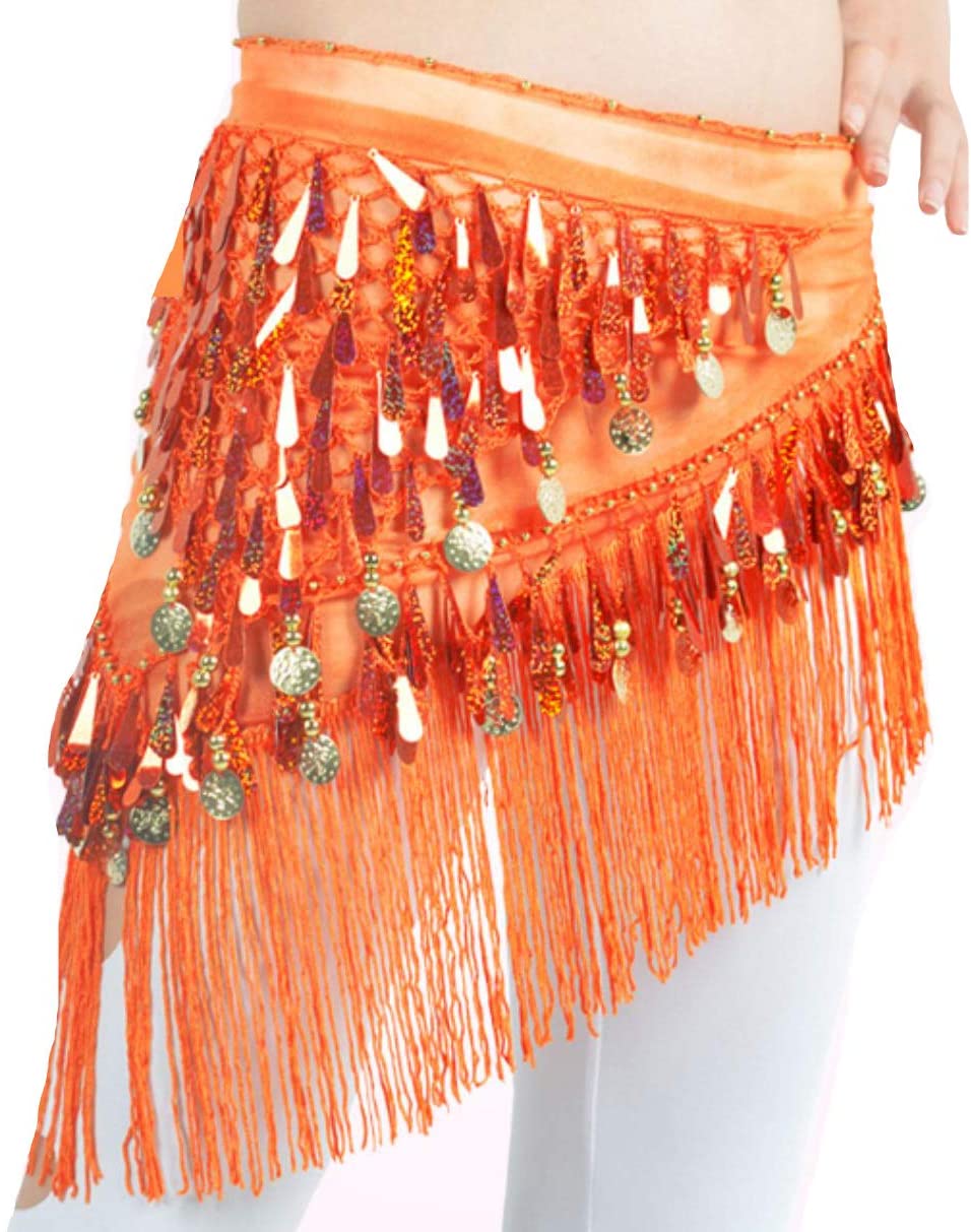 Lauthen.S Belly Dance Hip Scarf with Tassels Sequins, Triangle Coins Wrap  Skirt