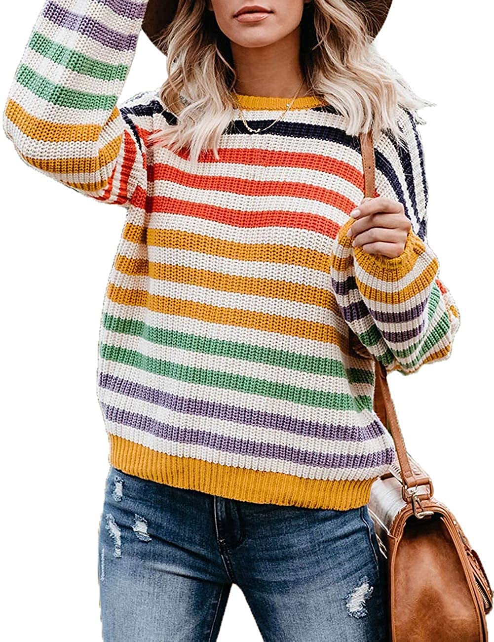 thumbnail 23  - ZESICA Women&#039;s Long Sleeve Crew Neck Striped Color Block Casual Loose Knitted Pu