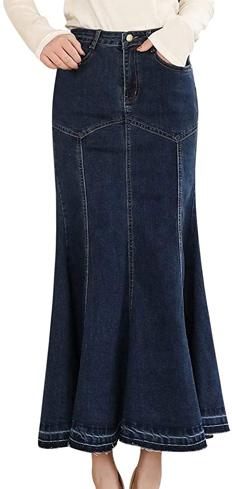 LISUEYNE Women's Casual Stretch Waist Washed Denim Ruffle Fishtail Skirts  Long J | eBay