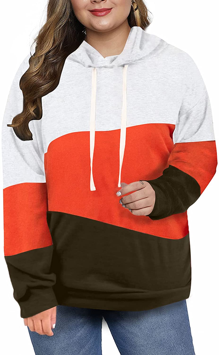 Eytino Women Plus Size Hooded Sweatshirt Striped Long Sleeve Colorblock Drawstring Hoodie Pullover XL-5XL