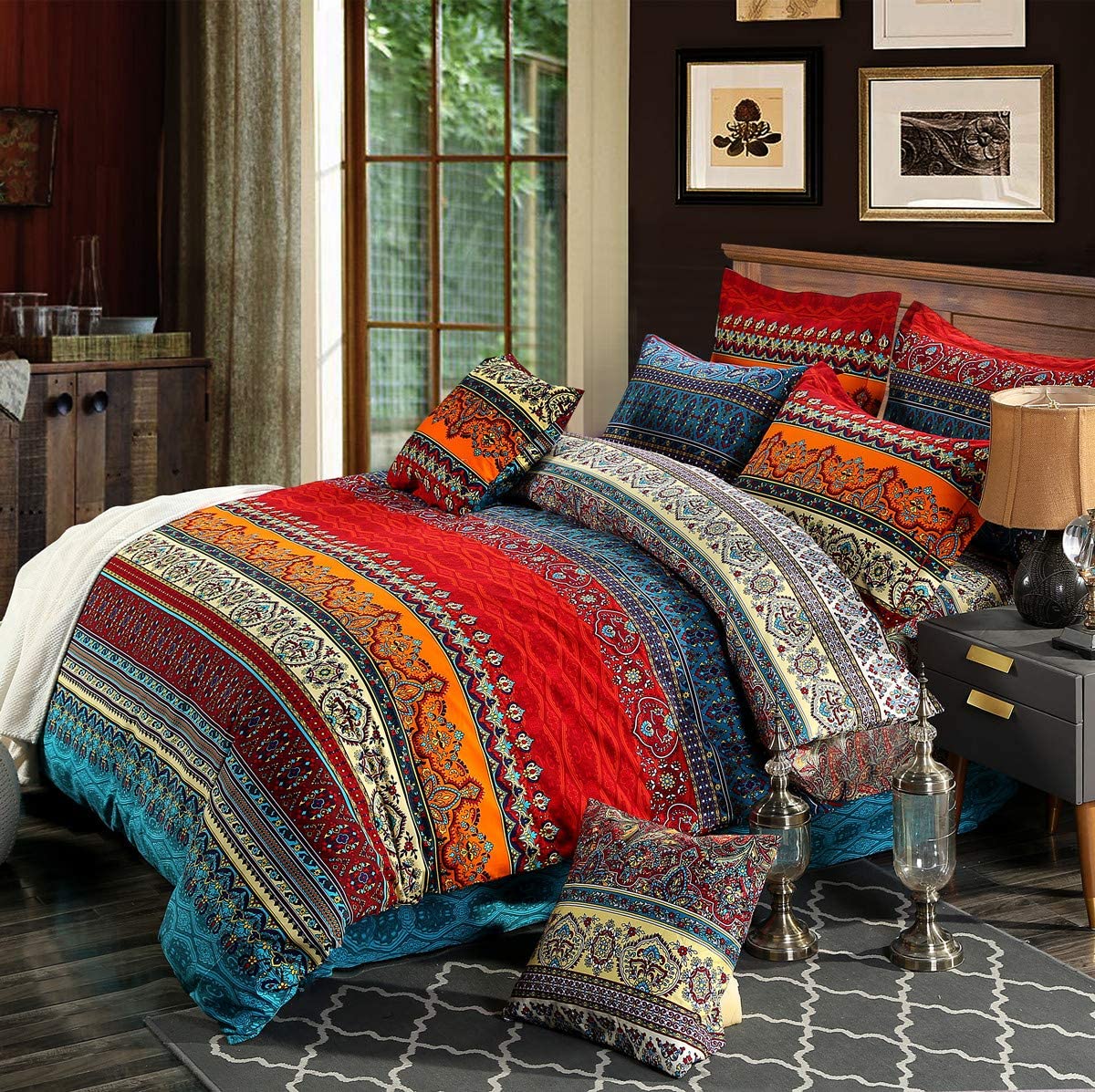 HNNSI Brushed Cotton Bohemian Duvet Cover and Fitted Sheet Sets Queen ...