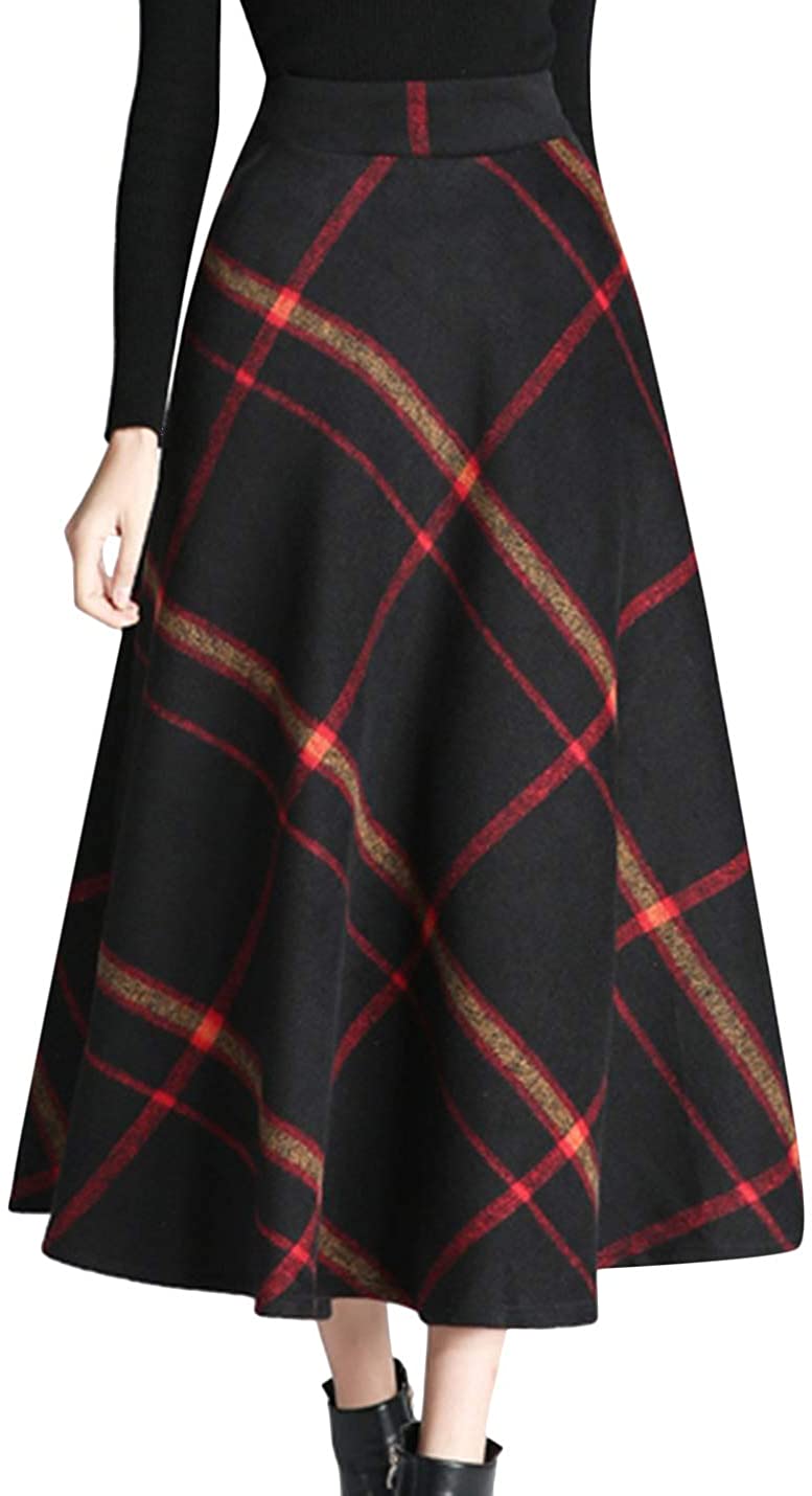 IDEALSANXUN Womens Plaid Wool Skirts Elastic Waist A-Line Pleated Tartan Long Skirts