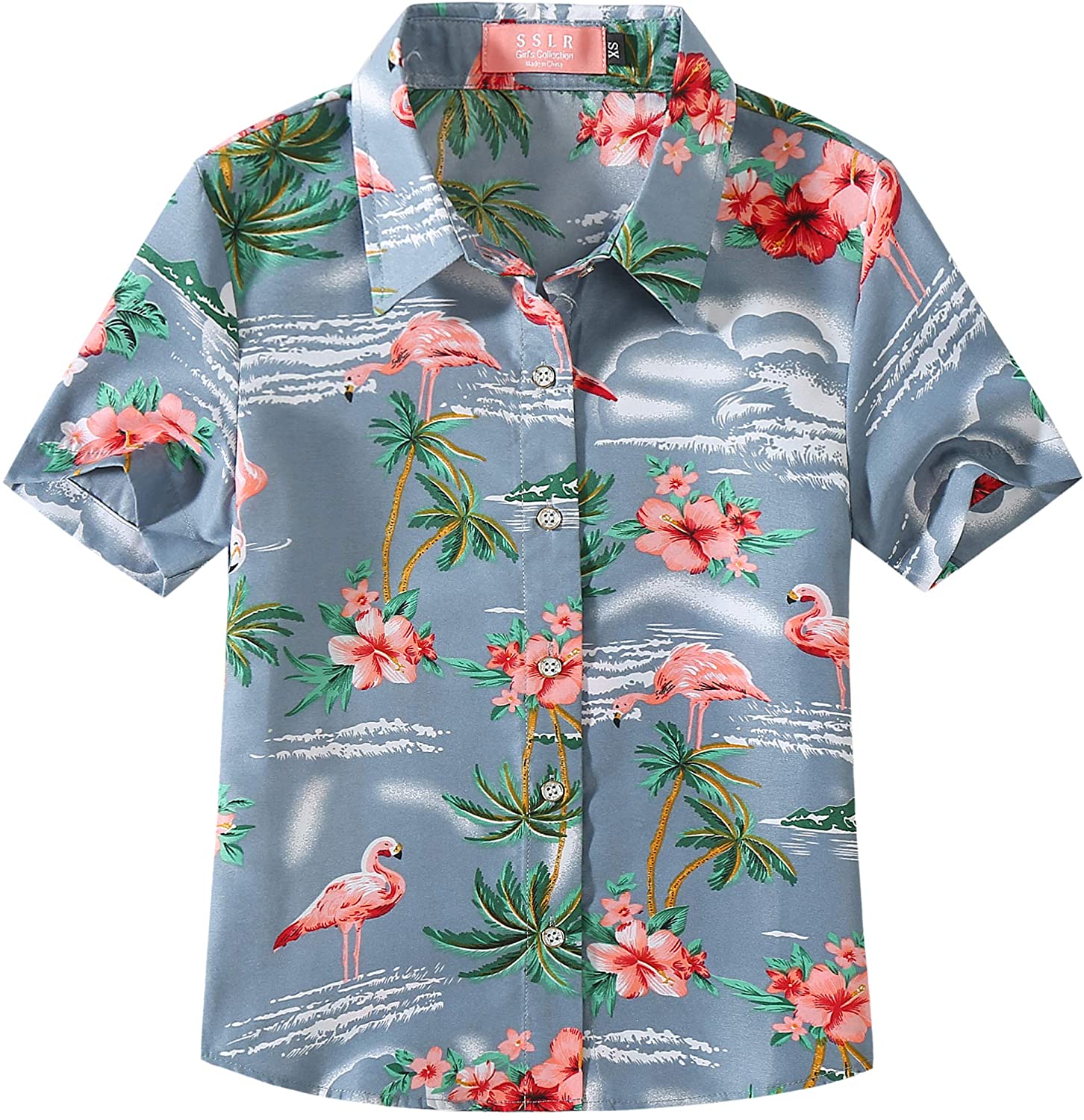 SSLR Big Girls Flamingos Button Down Short Sleeve Hawaiian Shirt 