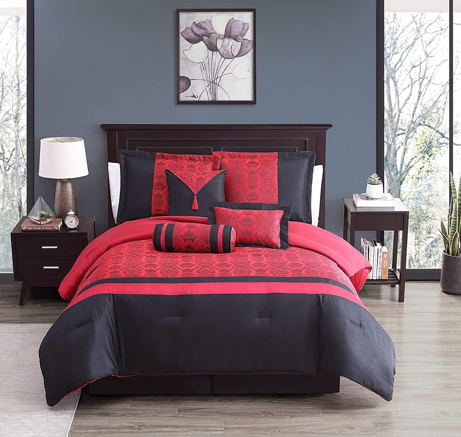 Chezmoi Collection 7pc Dynasty Jacquard Black/Red Comforter Set or Curtain Set 