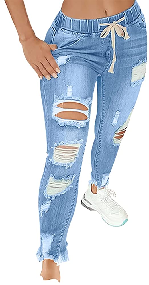 KUNMI Women High Waist Skinny Stretch Ripped Jeans Destroyed Denim Pants  Plus Size Black at  Women's Jeans store
