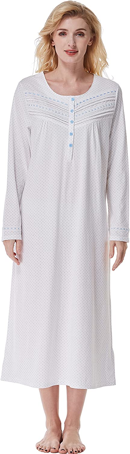 Keyocean Nightgowns for Women, Soft 100% Cotton Knit Nightgowns, Comfy  Long-Slee