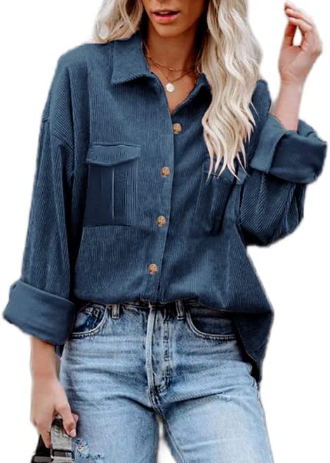 Buy Beyove Women's Corduroy Shirt Long Sleeve Button Down Shacket Jacket  Casual Oversized top with Pockets, Light Khaki, Medium at