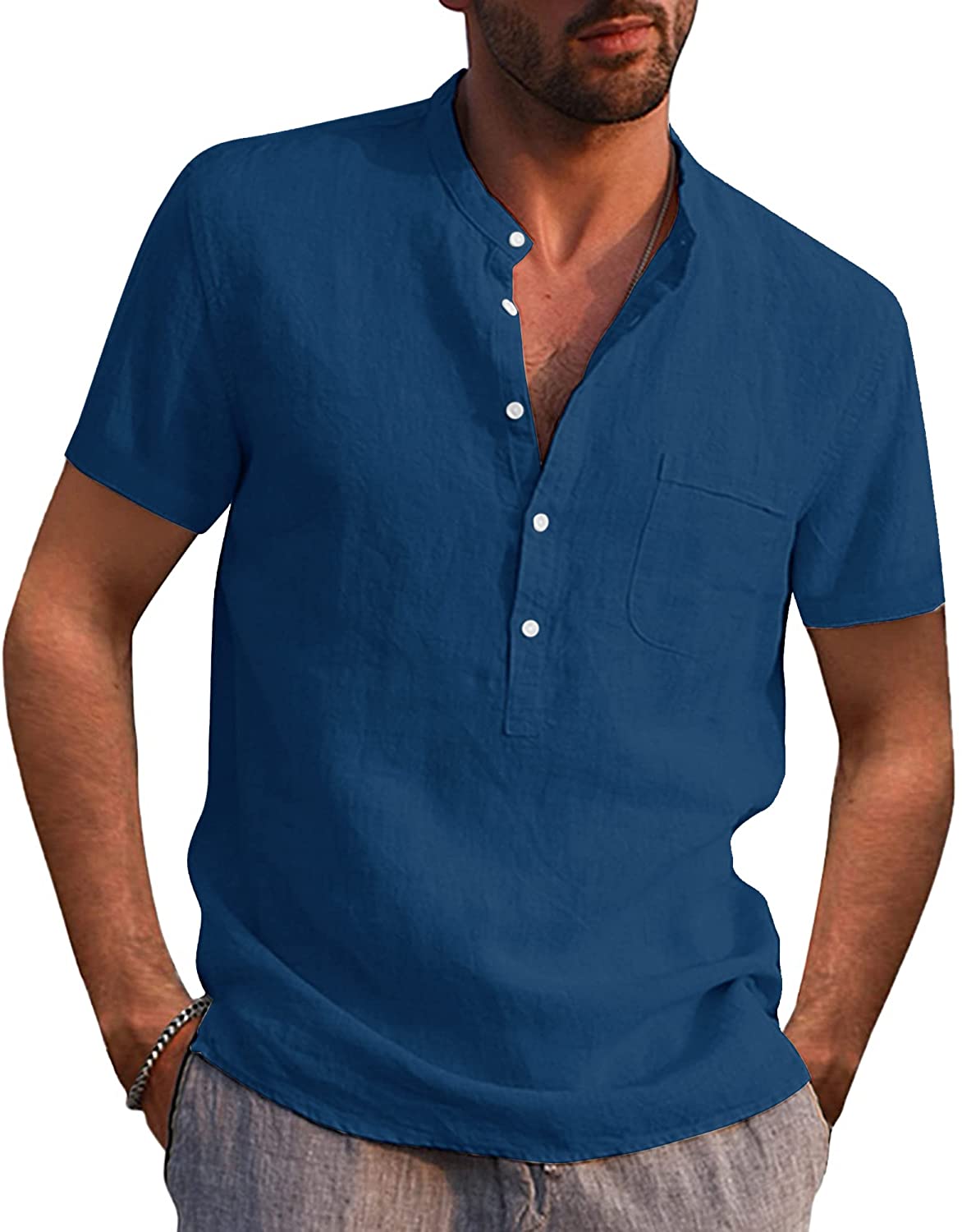 AUDATE Mens Cotton Linen Shirt Casual Long Sleeve Henley Shirt Solid Tops