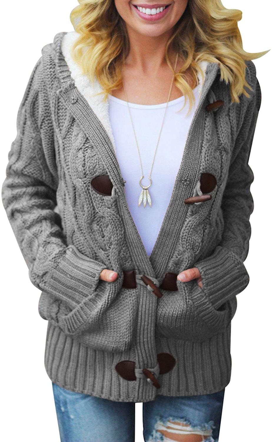 Aleumdr Womens Hooded Cardigans Casual Long Sleeve Button Up Cable Knit
