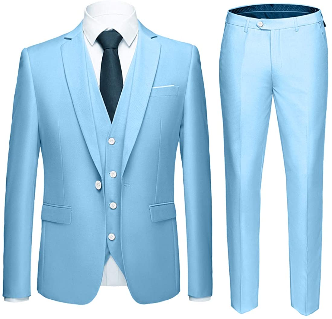 One Button Jacket Blazer Vest Pants Set and Tie MYS Mens 3 Piece Slim Fit Suit 