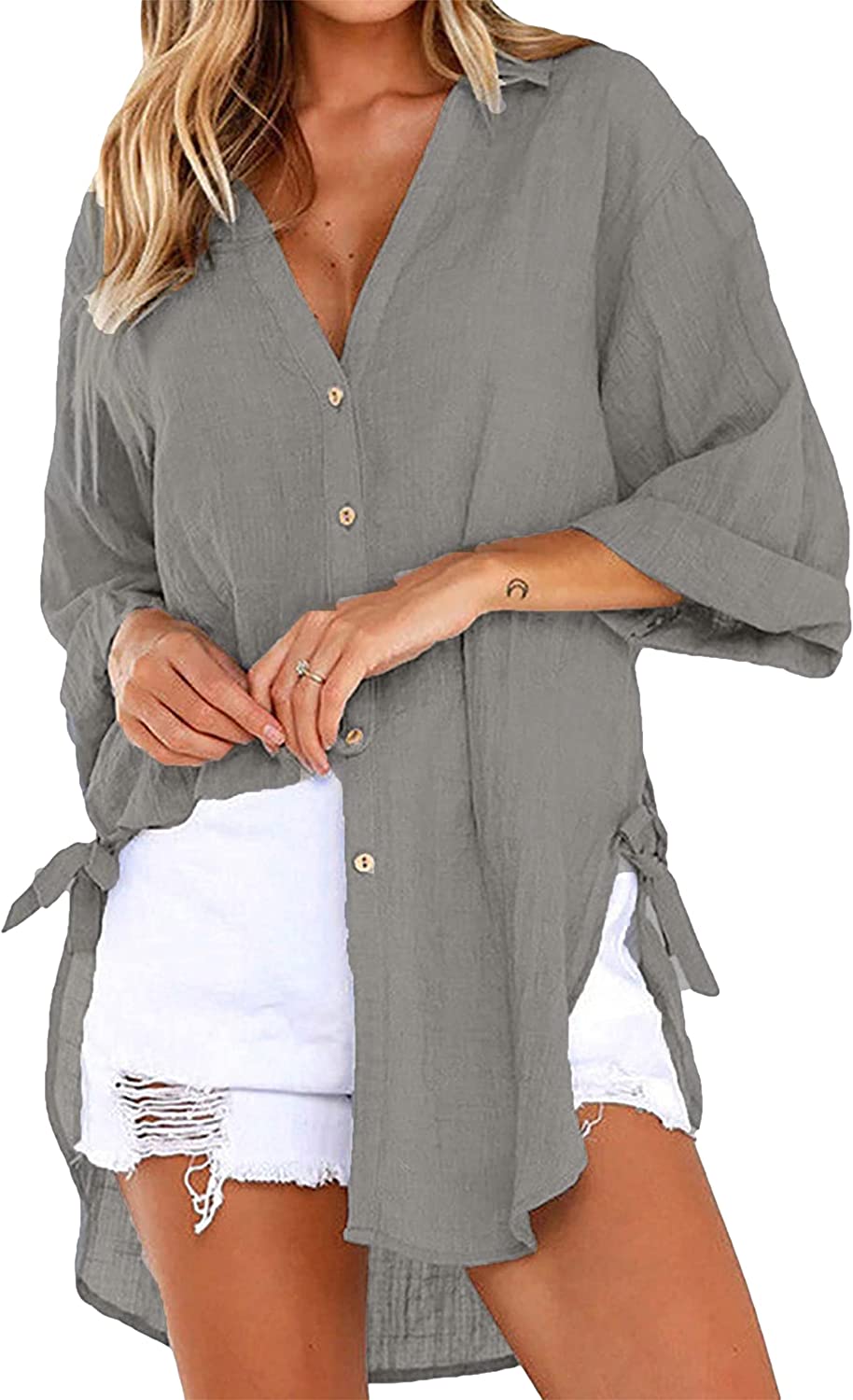 Bozanly Casual V Neck 3/4 Sleeve Button Down Shirts High Low Oversized  Summer Beach Blouse Tops for Women (0057-Beige-S) at  Women's Clothing  store