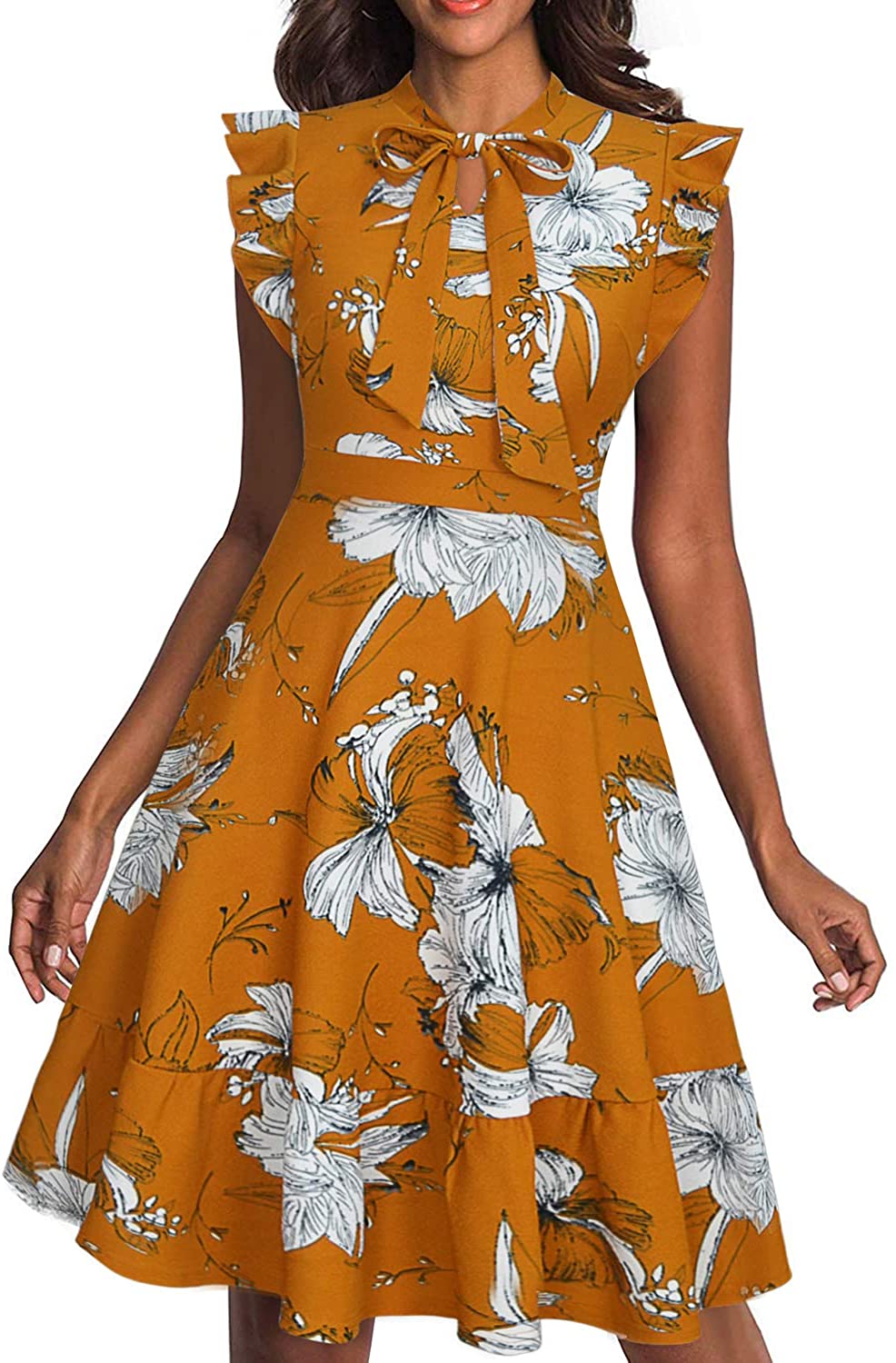 RANPHEE Womens Summer Bow Tie Neck Floral A Line Fit and Flare Work Dresses