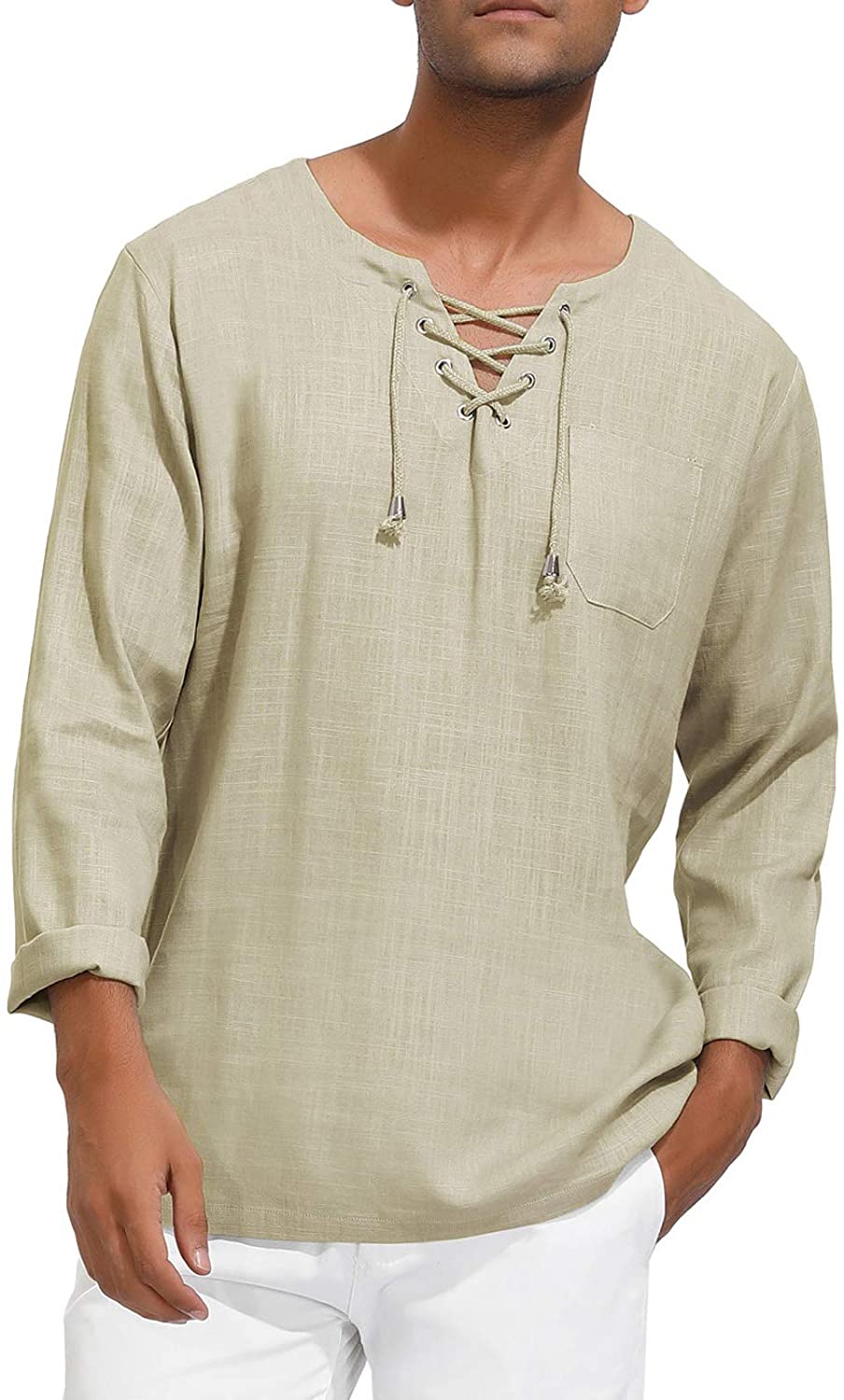 PJ PAUL JONES Men's Casual Long Sleeve Linen Tee Shirt Hippie V Neck Yoga Tops 
