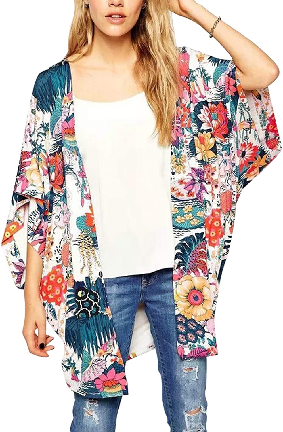VERYCO Womens Floral Print Open Front Bikini Beachwear Cover up Kimono Cardigan Blouses 
