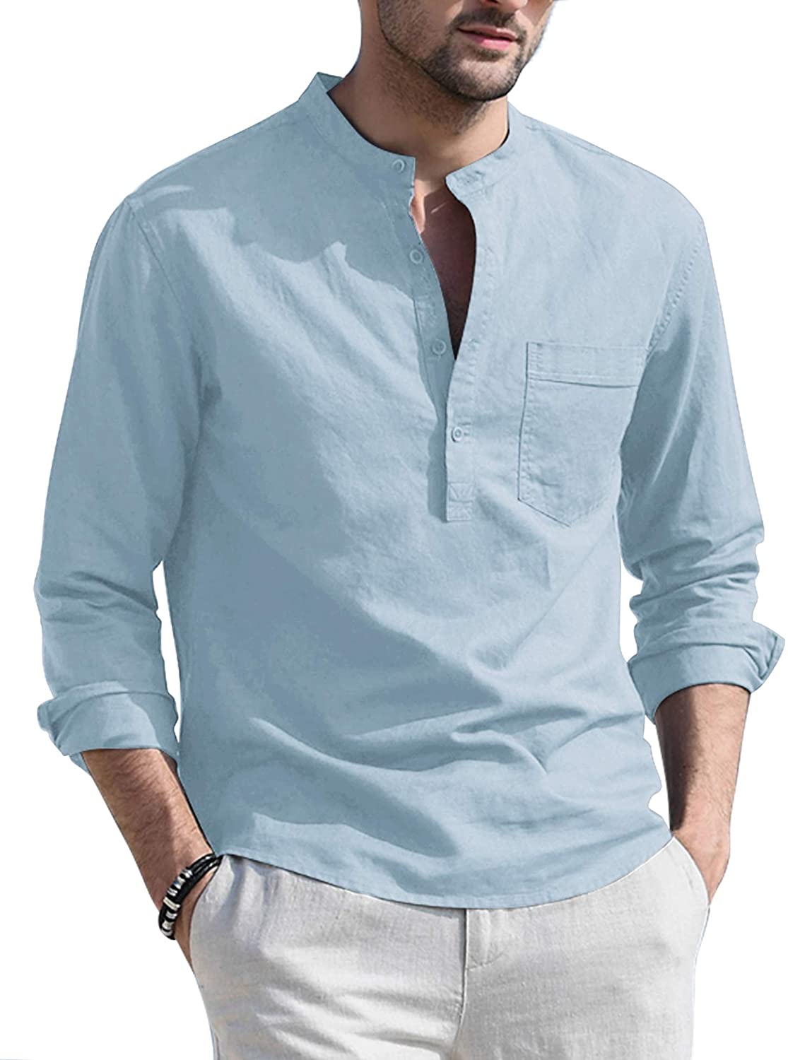 COOFANDY Mens Cotton Linen Button Down Dress Shirt Long Sleeve Casual Beach Tops 
