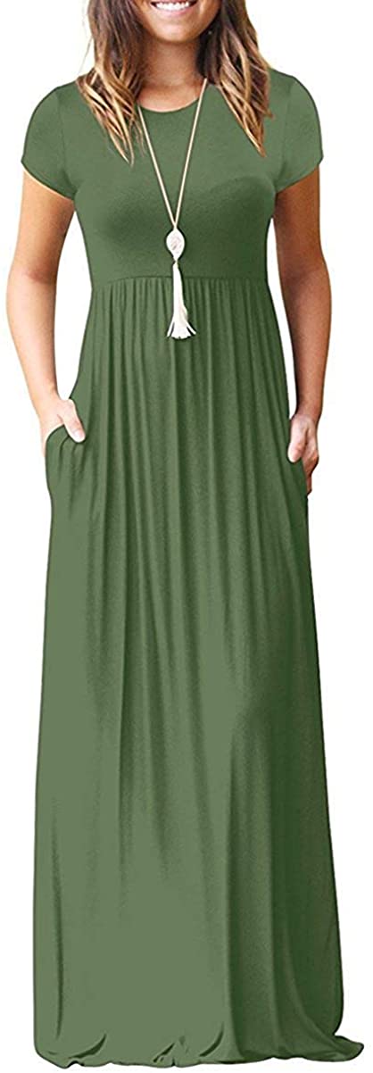 AUSELILY Womens Short Sleeve Loose Casual Long Maxi Dresses with Pockets
