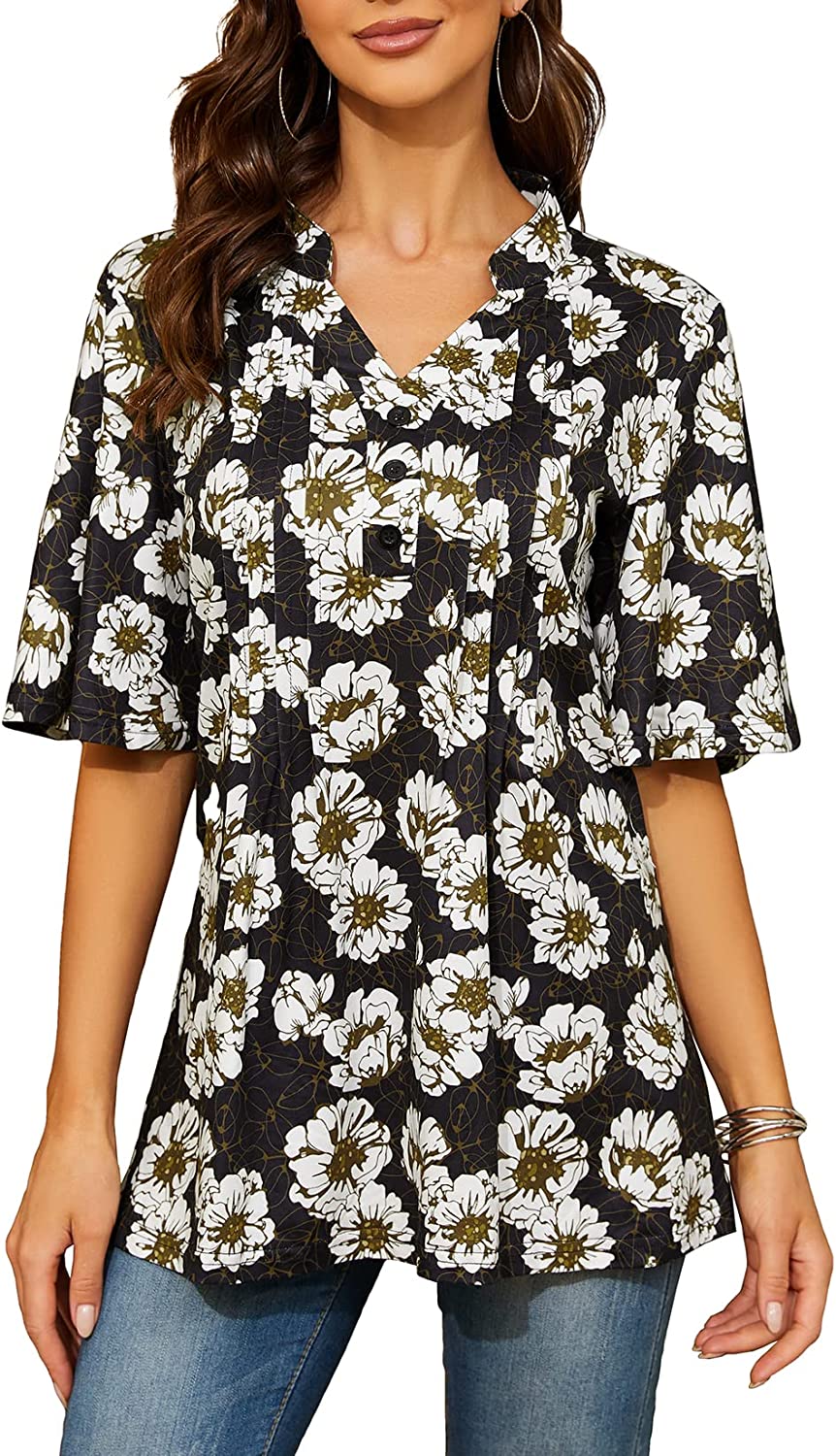 Hocosit Womens Floral Print Short Ruffle Sleeve Pleated Front V Neck Button Tun Ebay 8112