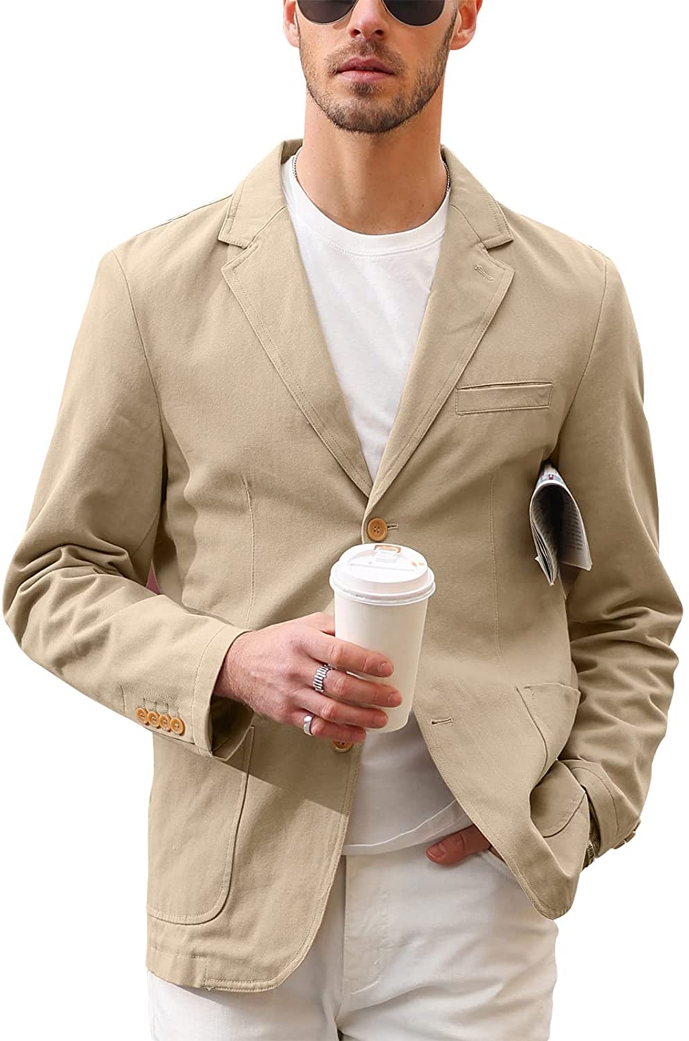PJ PAUL JONES Men's Casual Twill Blazer Jackets 2 Button Cotton Sport Coats 