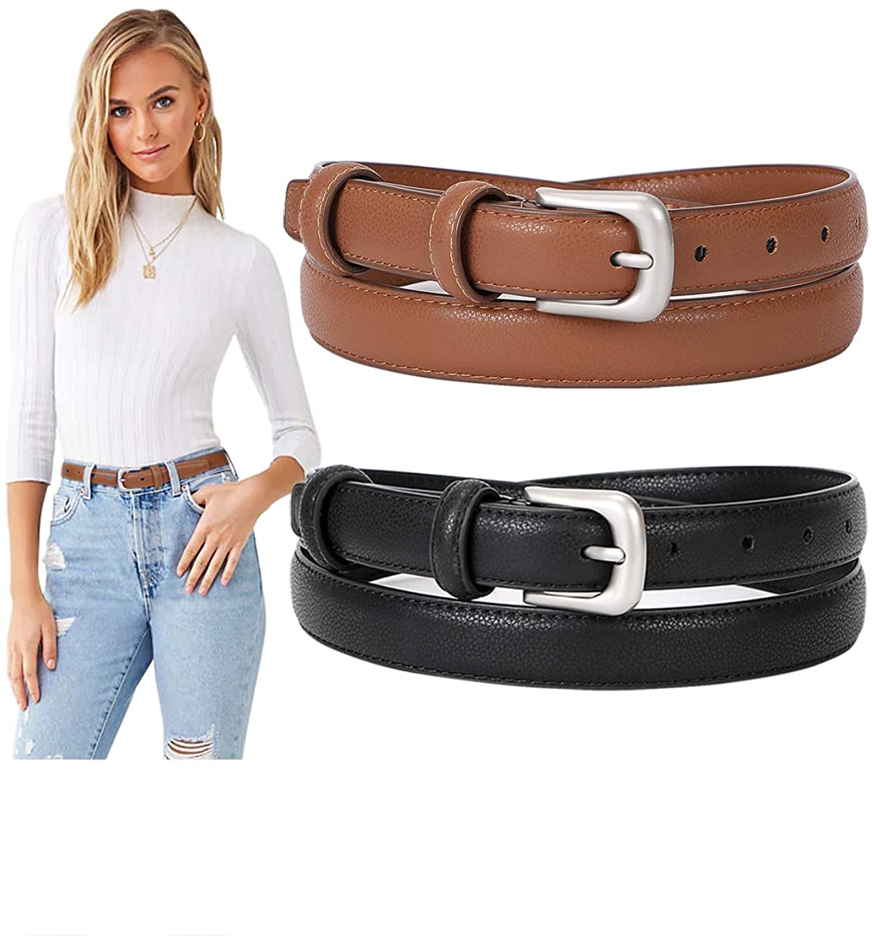 SUOSDEY Women Leather Belt Fashion Double O-Ring Soft Faux Leather Waist Belts for Jeans Dress