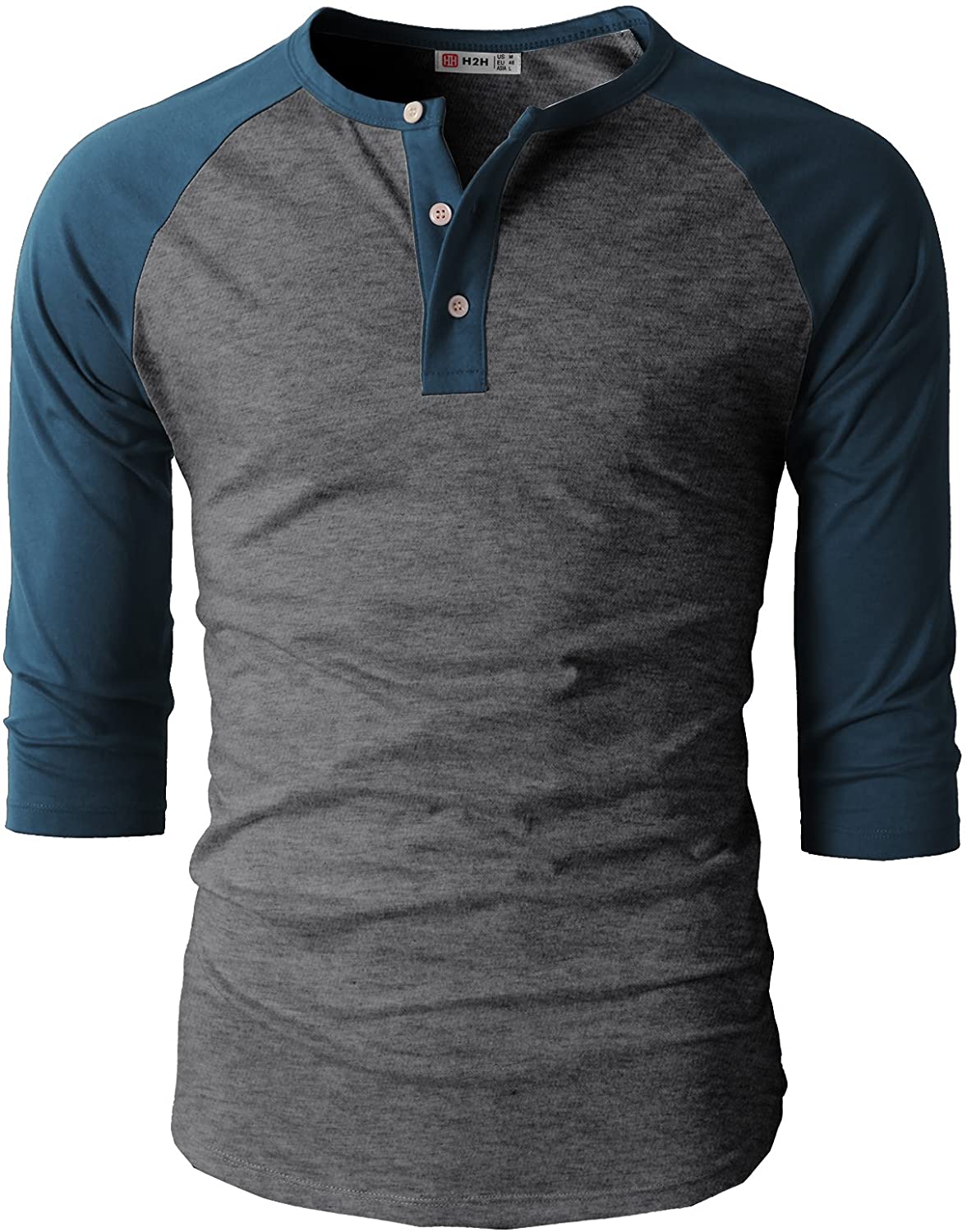 H2H Mens Casual Premium Slim Fit T-Shirts Henley 3/4 Sleeve Summer Clothes 