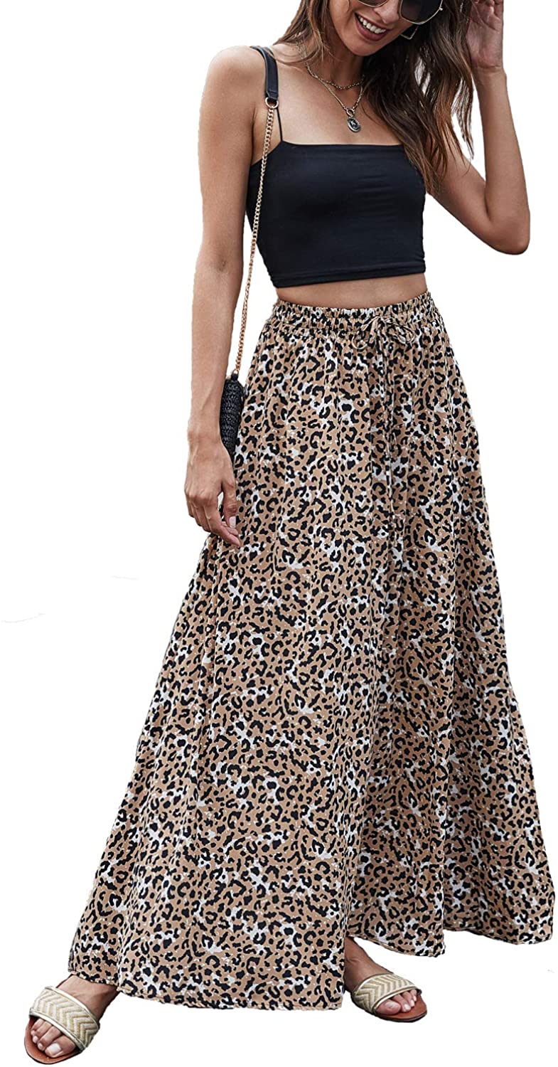 Bluetime Women Leopard Print Long Skirts Chiffon Summer Beach Pleated Elastic High Waisted Maxi Skirts 