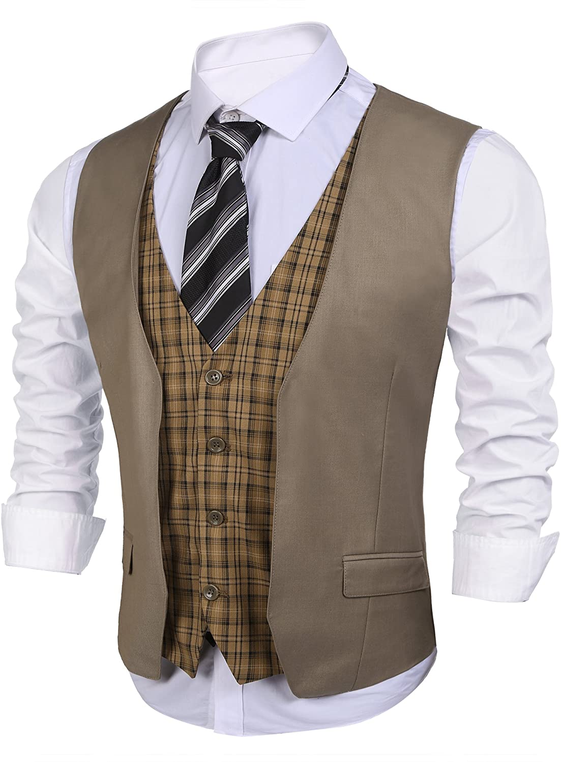 COOFANDY Men's Business Suit Vest Layered Plaid Dress Vest Waistcoat ...