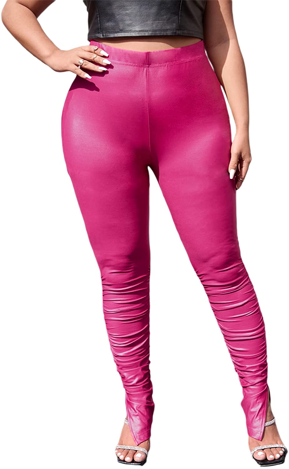 HDE Women's Plus Size High Waisted Faux Leather Pants with Pockets Hot Pink  1X 