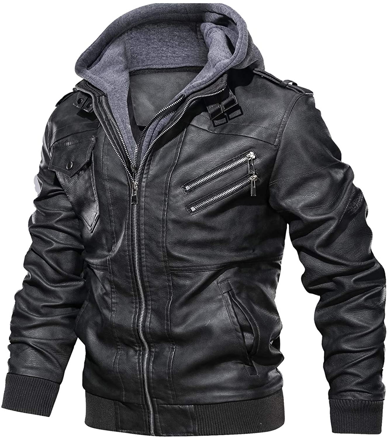 Hood Crew Men’s Casual Stand Collar PU Faux Leather Zip-Up Motorcycle ...