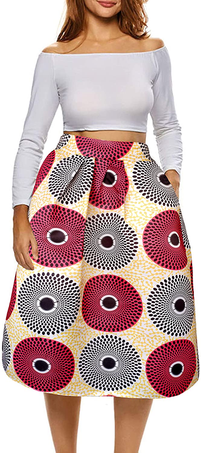 Afibi Women African Printed Casual Maxi Skirt Flared Skirt A Line Long Skirts with Pockets 