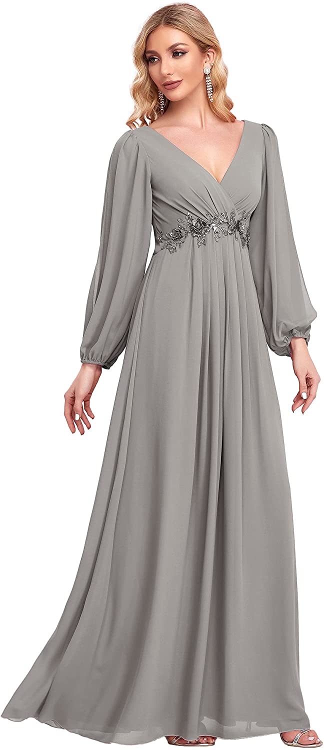 Ever-Pretty Women's A-line Long Sleeve V-Neck Chiffon Mother of The Bride  Dress | eBay