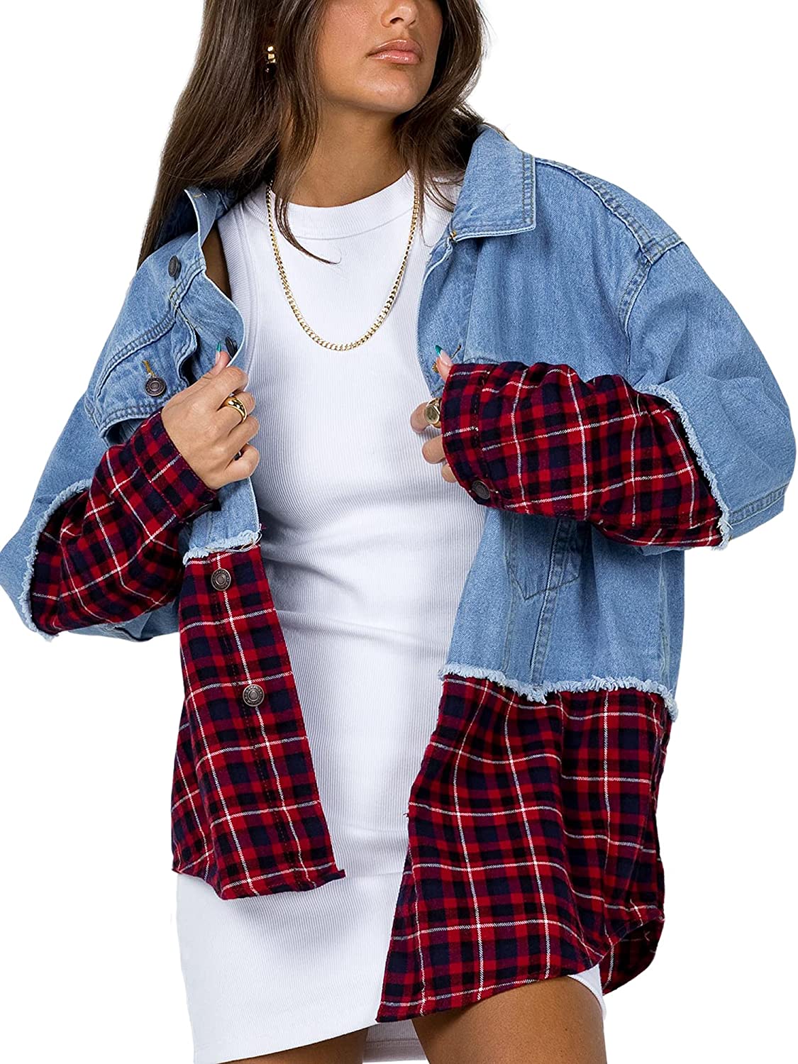 Oversized Denim Jacket for Women Long Sleeve Classic Loose Jean Trucker Jacket