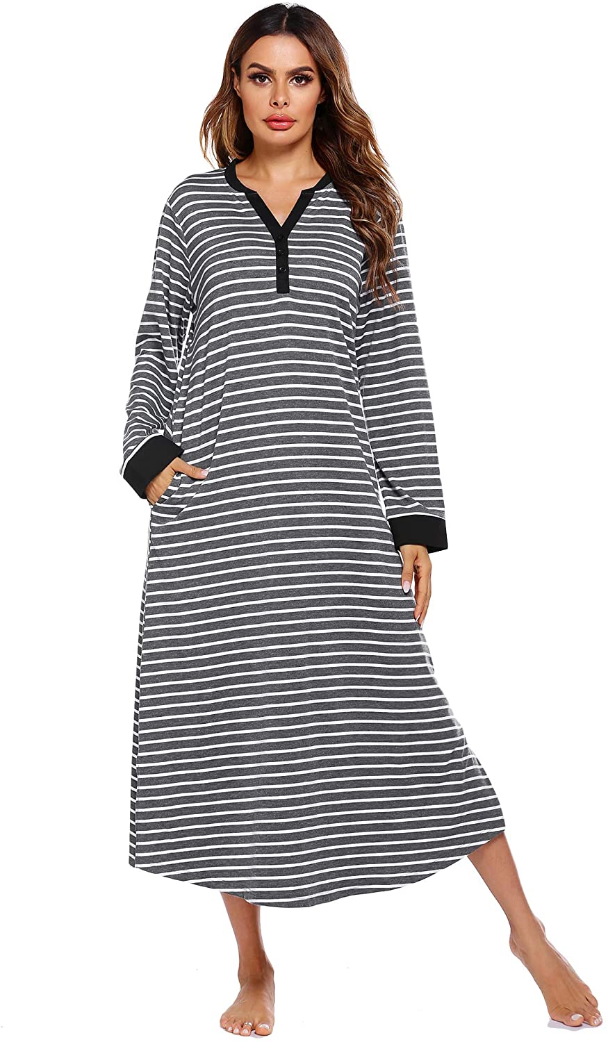 Ekouaer Women’s Striped Nightgown,Long Loungewear Nightshirt Sleepwear ...