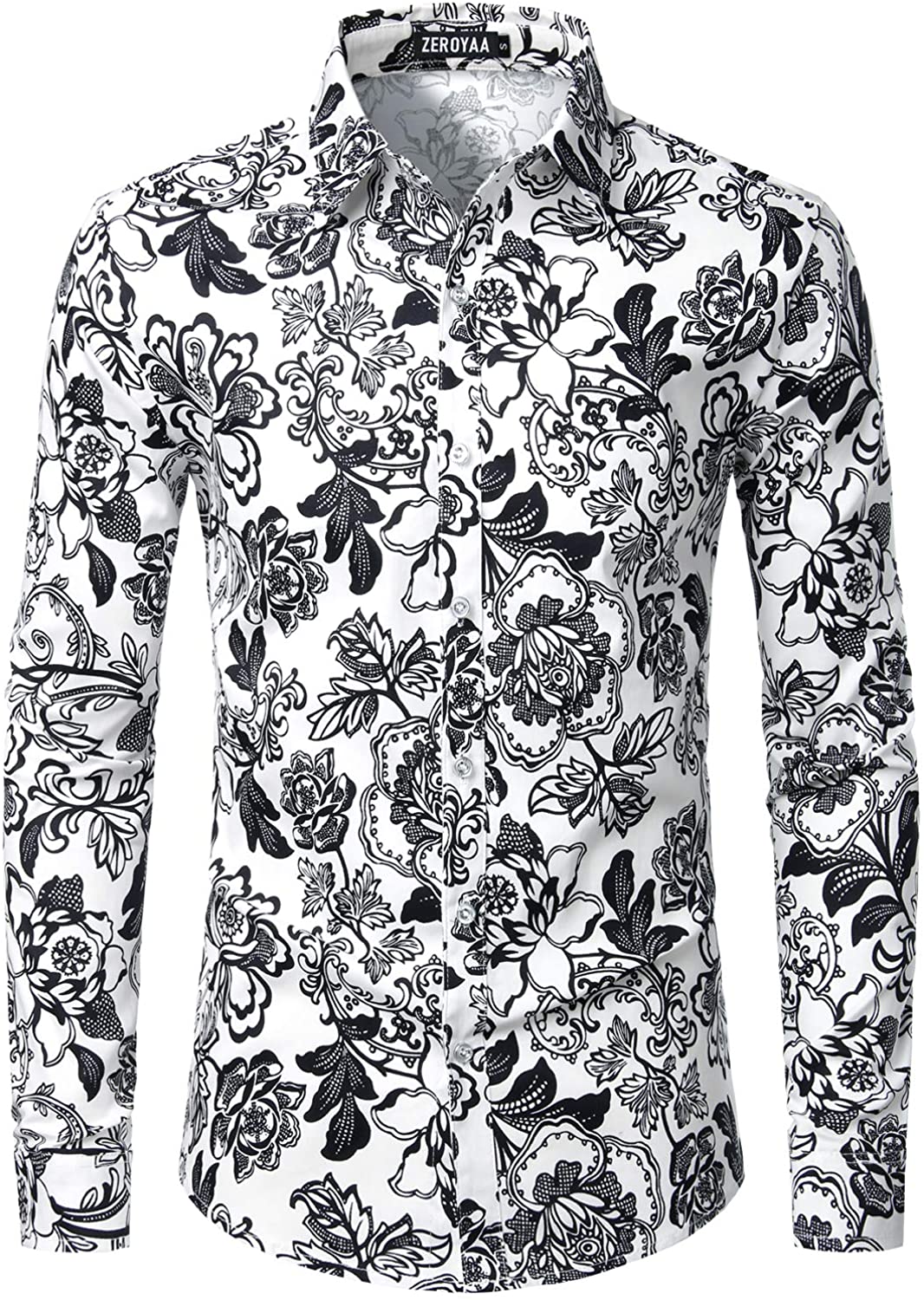 ZEROYAA Men's Floral Slim Fit Long Sleeve Cotton Casual Button Down Dress Shirt 