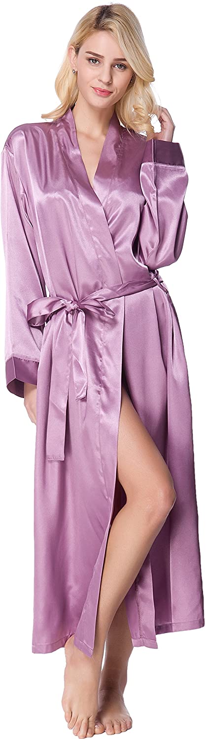 Lavenderi Women's Long Classic Satin Kimono Lounge Bathrobe Robe 