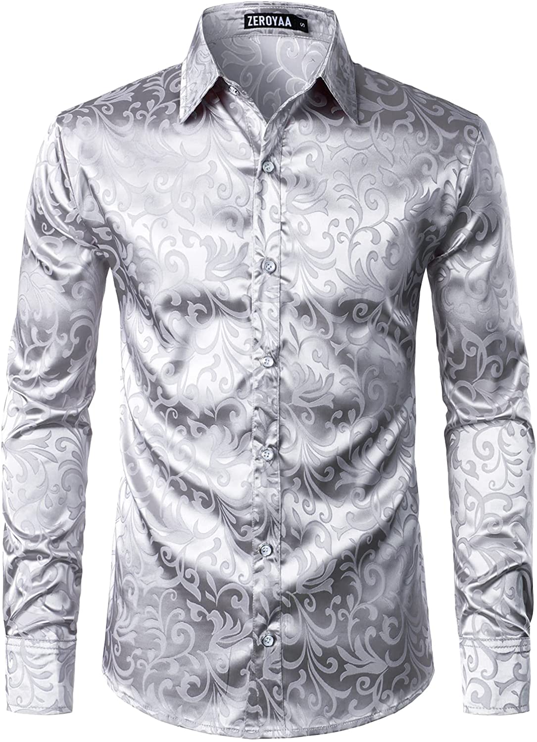 ZEROYAA Men's Luxury Jacquard Long Sleeve Dress Shirt Shiny Satin 