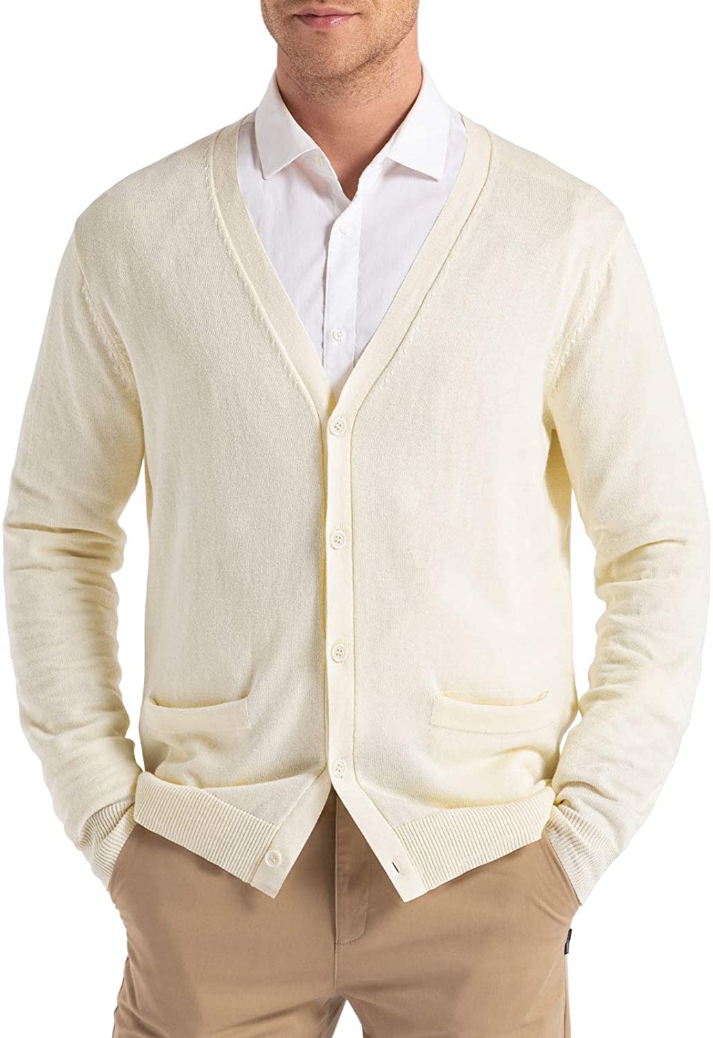 QUALFORT Mens Cardigan Sweater 100% Cotton Pockets Casual Slim Fit V-Neck Knitted Sweaters Button up
