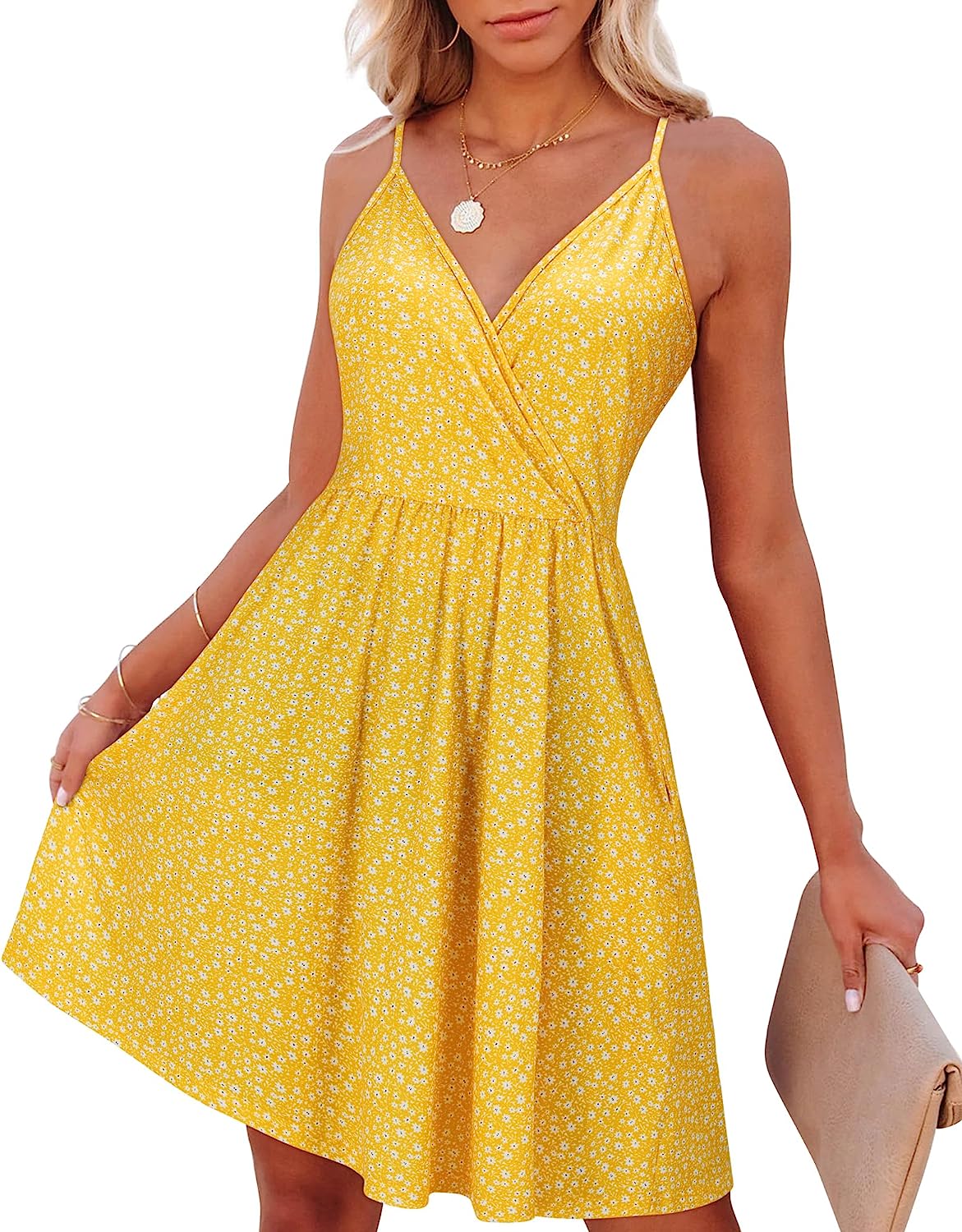 VOTEPRETTY Women's Summer Casual Sundress V Neck Spaghetti Strap Beach  Dress with Pockets : : Clothing, Shoes & Accessories