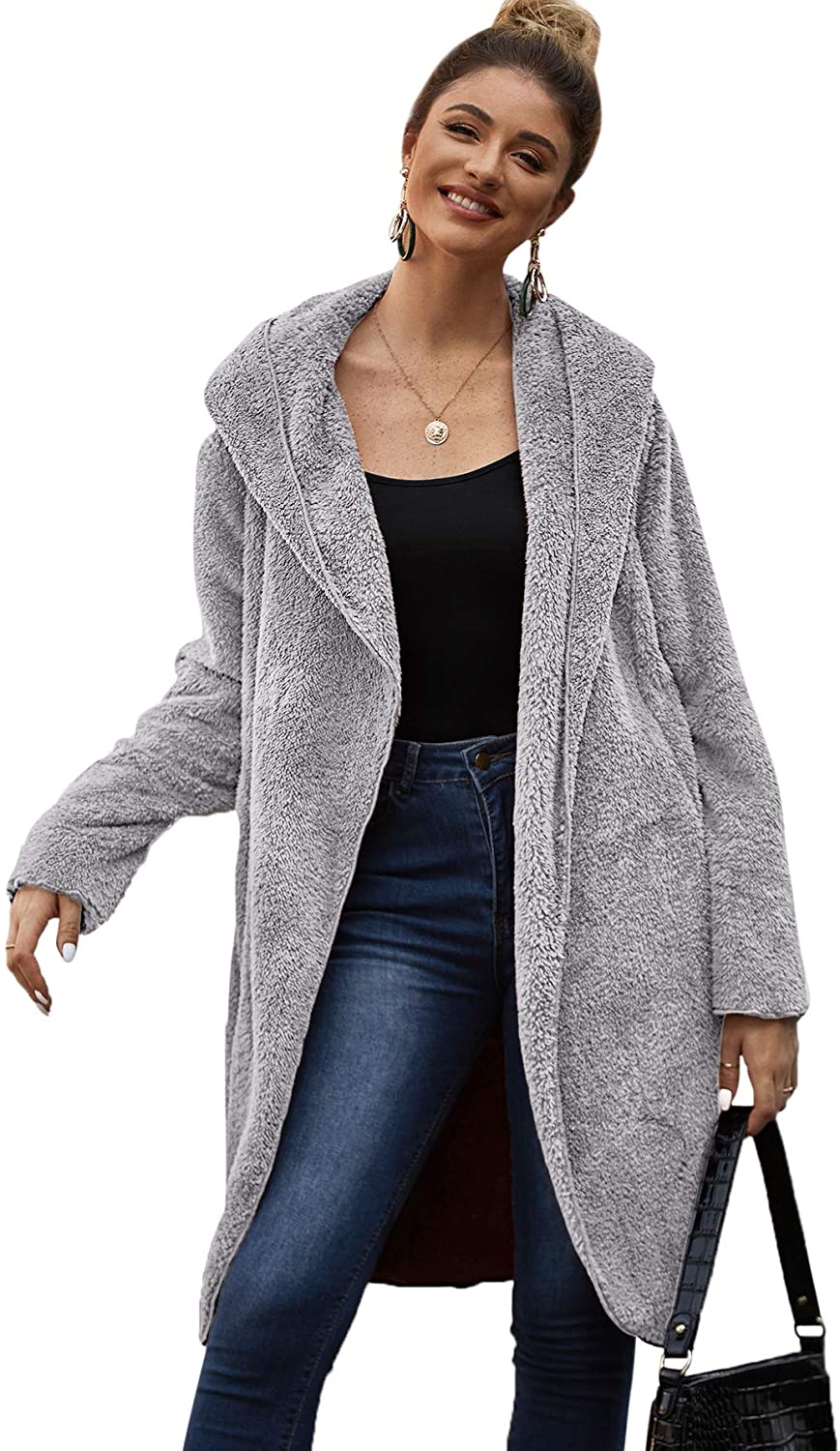 SweatyRocks Women Khaki Hooded Dolman Sleeve Faux Fur Cardigan Coat for Winter