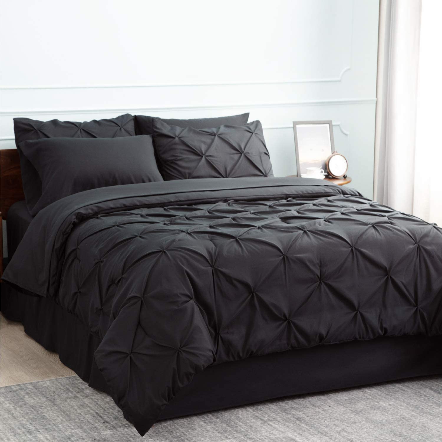 Bedsure Queen Comforter Set 8 Pieces - Pintuck Queen Bed Set, Bed in A Bag  Grey