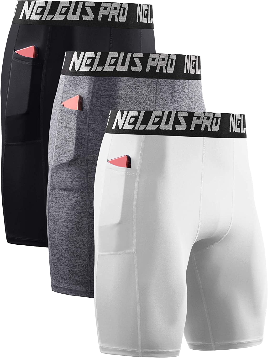 Neleus Men's Compression Shorts with Pockets Dry Fit Professional Athletic Shorts 3 Pack 