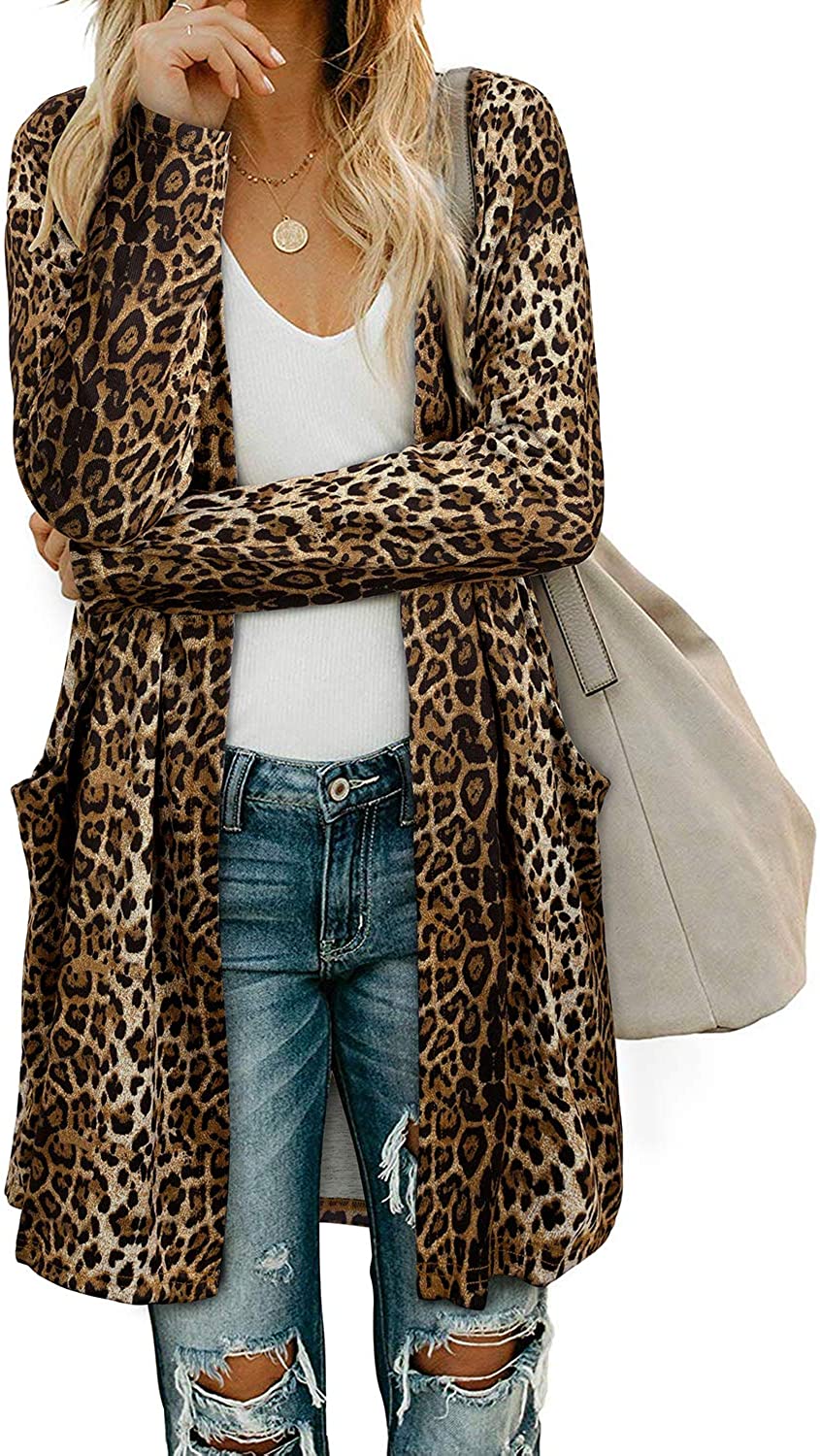 Ulanda Womens Long Sleeve Leopard Print Open Front Knit Cardigan Winter Warm Maxi Sweater Thin Coats Outwear Pockets 