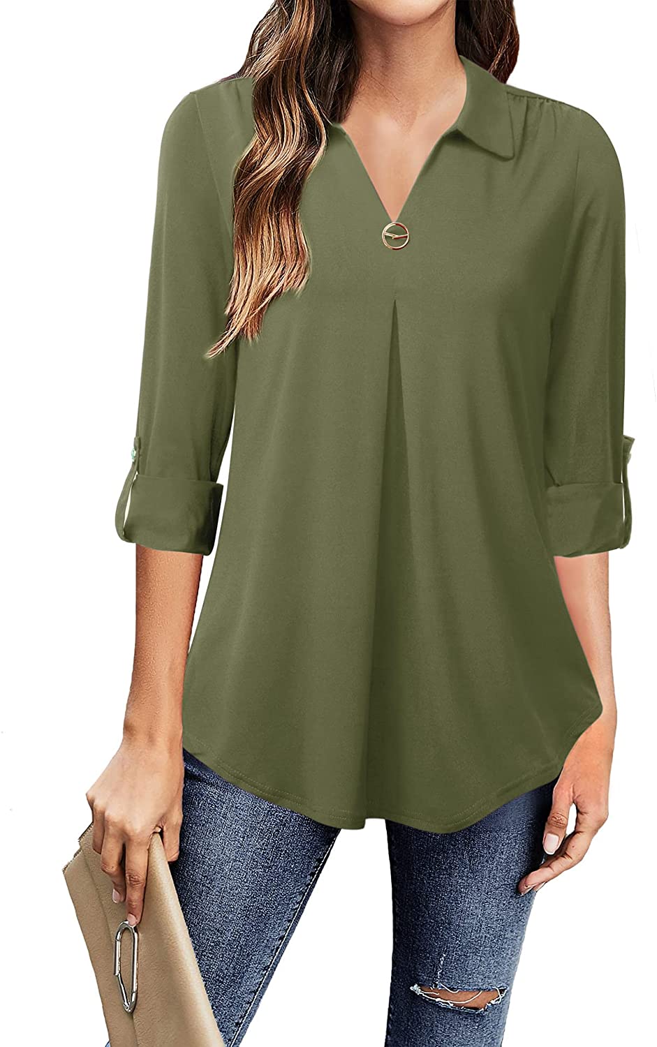 Teurkia Women's Casual Crewneck Tops 3/4 Sleeve Blouses Loose T Shirts Army  Green at  Women's Clothing store