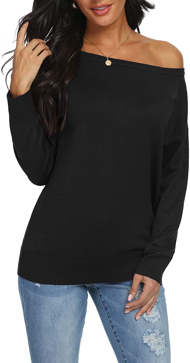 LILBETTER Women s Off Shoulder Sweater Boat Neck Long Sleeve Loose