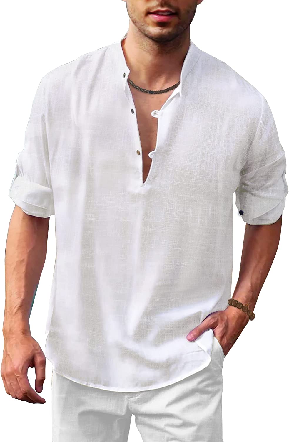 COOFANDY Men&#039;s Linen Henley Shirt Hippie Shirts Long Sleeve T-Shirt | eBay