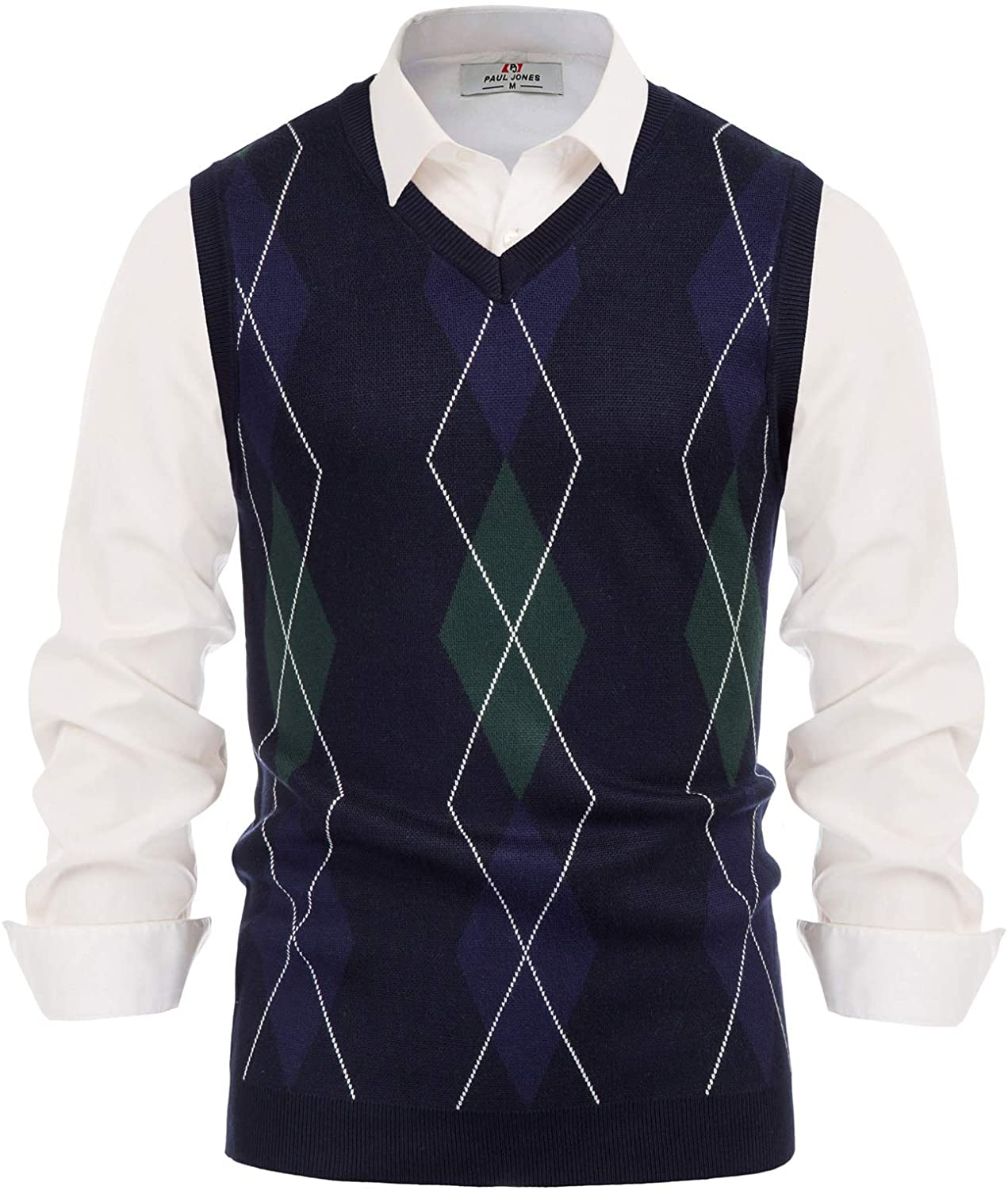 Paul Jones Men's Argyle Sweater Vest Knitted Casual V-Neck Pullover Vest 