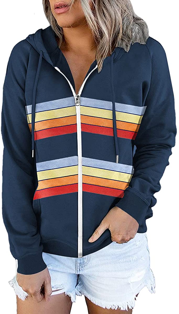 ETCYY Women's Color Block Zip Up Hoodie Sweatshirt Long Sleeve Causal Drawstring Oversized Jacket with Pockets 