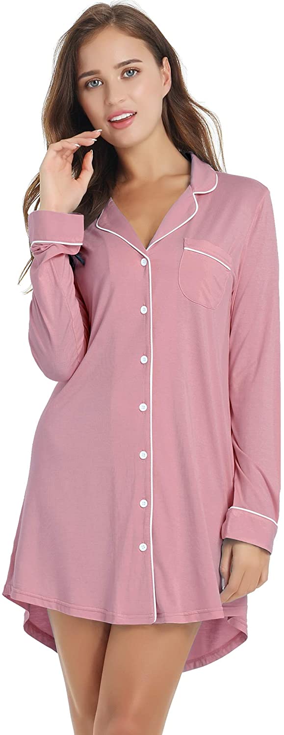 Amorbella Womens Long Sleeve Nightgown Button Down Nightshirt Bamboo