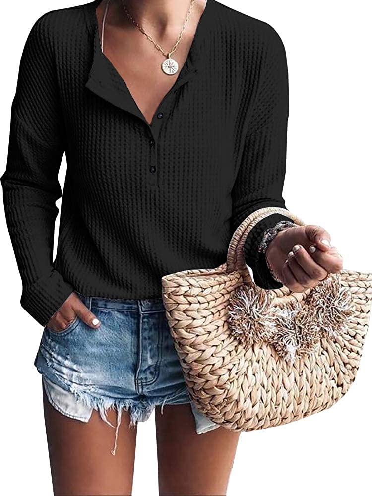 CCOOfhhc Womens Casual T Shirts Waffle Knit V Neck Tie Knot Henley Tops Loose Batwing Plain Shirts with Button Down 